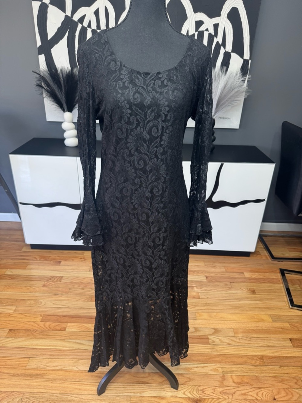 Onyx Nite Black Floral Lace Midi Dress Womens 14 Elegant Formal USA EUC